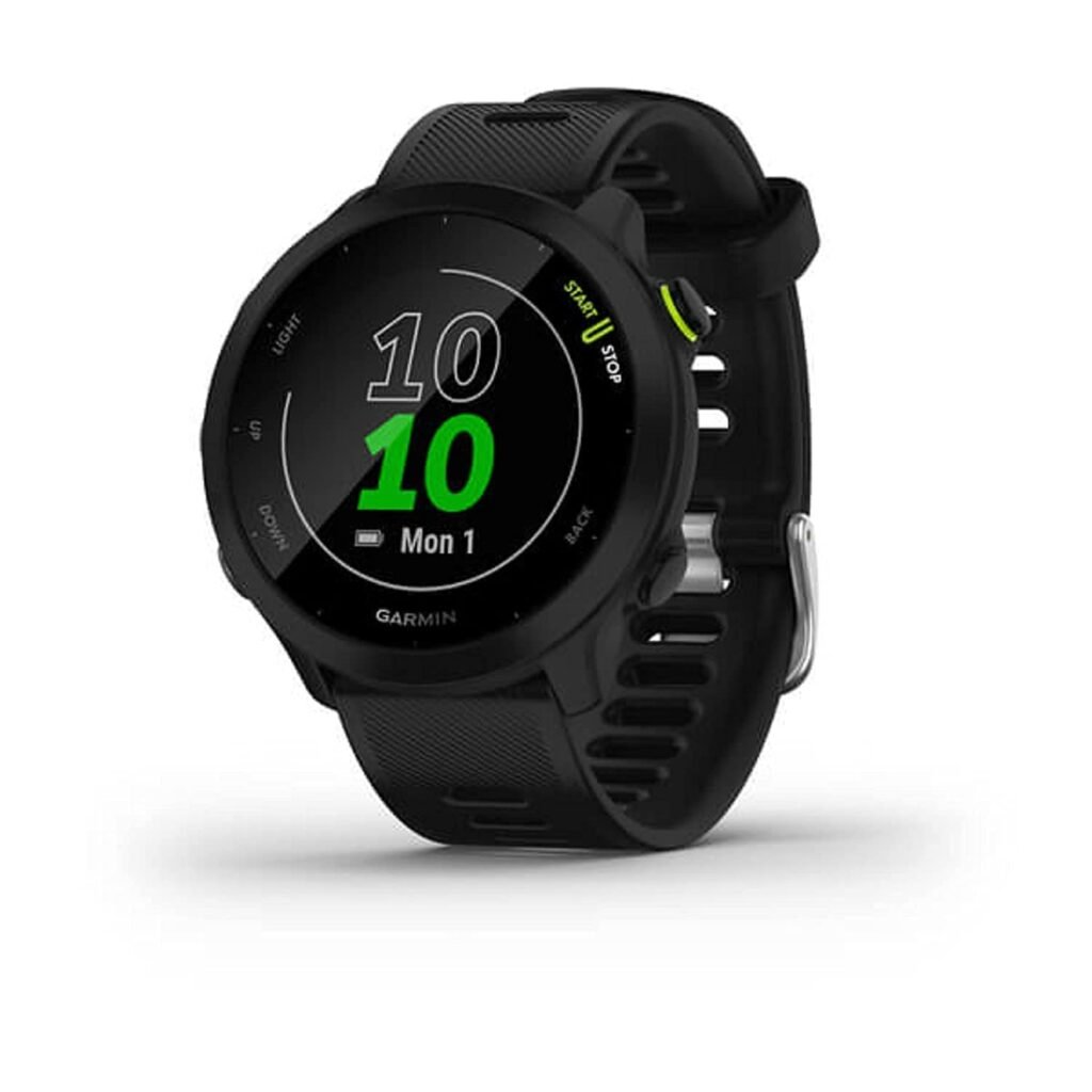 Black Garmin Forerunner 55 GPS watch with digital clock display