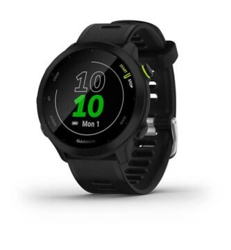 Black Garmin Forerunner 55 GPS watch with digital clock display